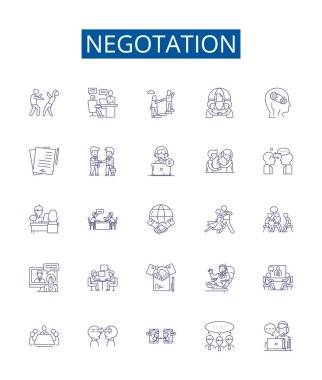 Negotation line icons signs set. Design collection of Negotiate, haggle, discuss, bargain, mediate, arbitrate, parley, contend outline vector concept illustrations clipart