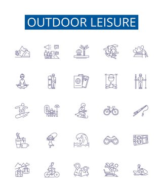 Açık hava eğlence çizgisi simgeleri ayarlandı. Kamp, Yürüyüş, Balıkçılık, Kayak, Bisiklet, Yüzme, Tekne, Tırmanış konsepti çizimleri