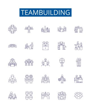 Takım oluşturma simgeleri ayarlandı. Takım çalışması, Kooperatif, İşbirliği, Ağ, Birleşme, Bağlanma, İletişim, Motivasyon ana hatları vektör çizimleri tasarımı