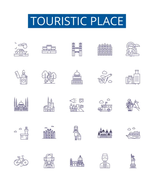 Lugares Turísticos Línea Iconos Letreros Conjunto Diseño Colección Turista Lugar — Vector de stock