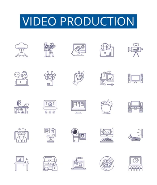 Ligne Production Vidéo Icônes Signes Ensemble Collection Design Cinématographie Tournage — Image vectorielle
