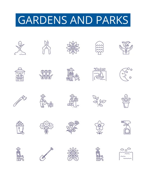 Сады Парки Линии Значки Установлены Коллекция Дизайна Садов Парков Растительности — стоковый вектор