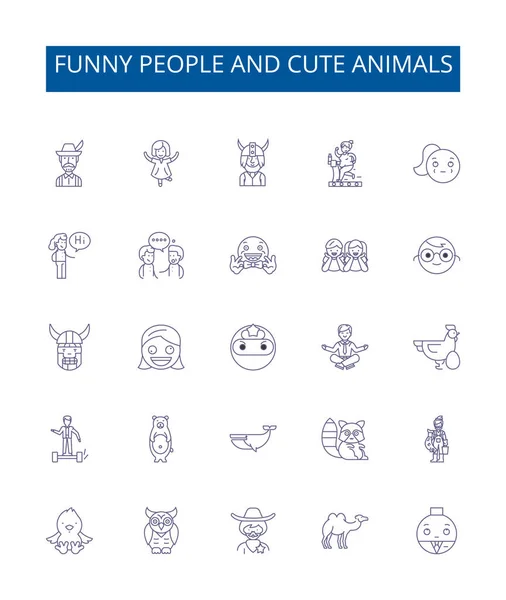 stock vector Funny people and cute animals line icons signs set. Design collection of Humorous, Furry, Adorable, Amusing, Grinning, Playful, Charming, Cheerful outline vector concept illustrations