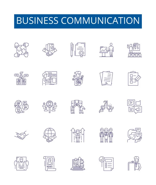 Línea Comunicación Negocios Iconos Letreros Establecidos Colección Diseño Redes Estrategias — Vector de stock