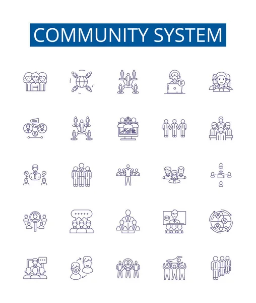 Sistema Comunitario Línea Iconos Signos Conjunto Diseño Colección Social Red — Archivo Imágenes Vectoriales