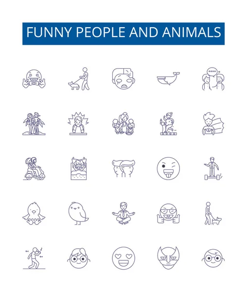 Legrační Lidé Zvířata Čáry Ikony Nastavit Design Kolekce Humorné Komické — Stockový vektor