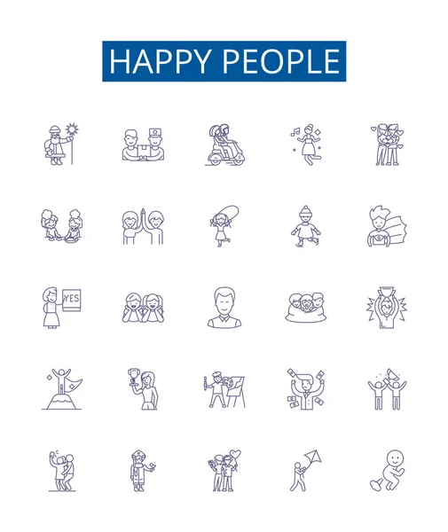 Happy People Line Icons Signs Set Design Collection Cheerful Joyful — Stock Vector