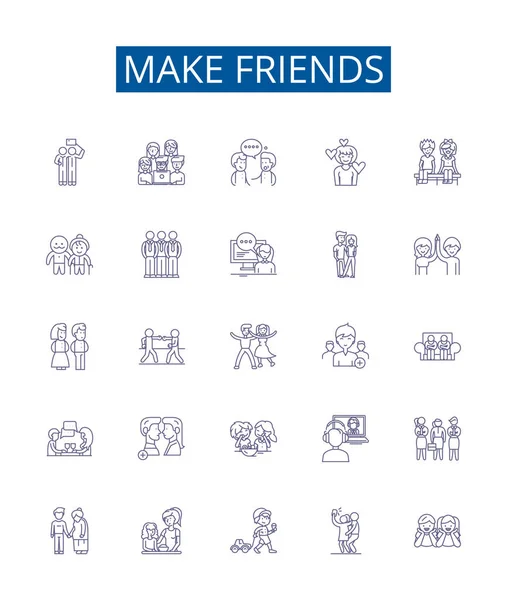 Make Friends Line Icons Signs Set Design Collection Connect Mingle — Stock Vector