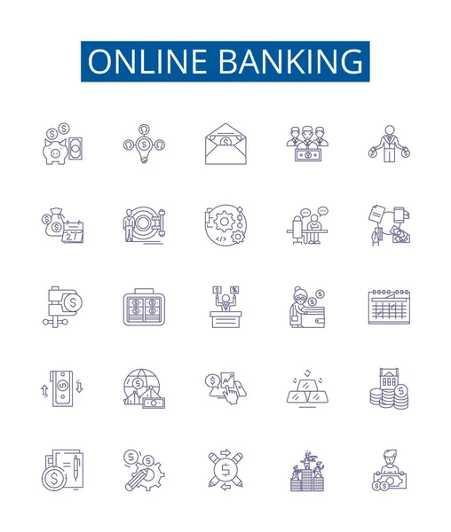 Linha Bancária Line Ícones Sinais Definidos Coleção Design Banking Internet — Vetor de Stock