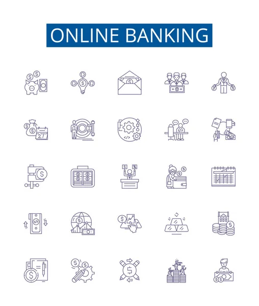 Online Bancaire Lijn Pictogrammen Tekenen Ingesteld Design Collectie Van Banking — Stockvector