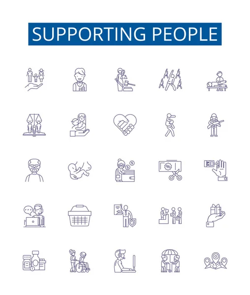 Supporting People Line Icons Signs Set Design Collection Aid Uplift — Stock Vector