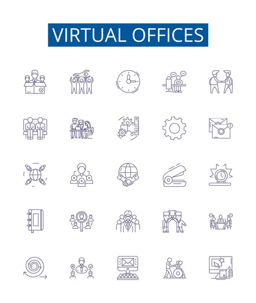 Virtuele Kantoren Lijn Pictogrammen Borden Ingesteld Design Collectie Van Virtual — Stockvector