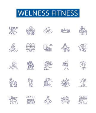 Sağlık fitness çizgisi simgeleri ayarlandı. Refah, Zindelik, Egzersiz, Sağlık, Beslenme, Diyet, Kuvvet, Yoga ana hatları konsept çizimleri tasarım koleksiyonu