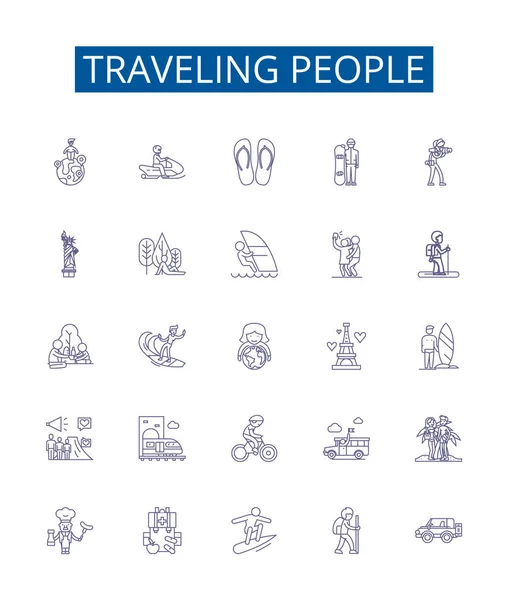 Podróżujący Ludzie Ustawiają Ikony Kolekcja Projektowa Podróżników Podróżników Odkrywców Globetrotters — Wektor stockowy
