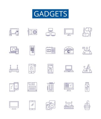 Gadgets çizgi simgeleri ayarlandı. Aygıtların, elektronik aletlerin, aletlerin, araçların, teknolojinin, oyuncakların, iPhone 'ların tasarım koleksiyonu, bilgisayarların ana hatları vektör çizimleri