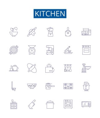 Mutfak çizgisi simgeleri ayarlandı. Mutfak, Mutfak, Dolaplar, Bulaşıklar, Utensiller, Aletler, Fırın, Fırın ana hatları konsept çizimleri koleksiyonu
