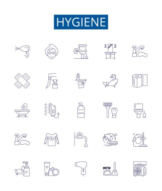 Hijyen çizgisi simgeleri ayarlandı. Temizlik, Temizlik, Temizlik, Steril, Sağlık, Taze, Sabun, Yıkama, Antiseptik ana hatları çizim çizimleri tasarımı