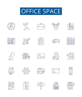 Ofis çizgisi simgeleri ayarlandı. Kabin, Masa, Sandalye, Bilgisayar, Yazıcı, Ofis, Malzeme, Oda ana hatları vektör çizimleri koleksiyonu