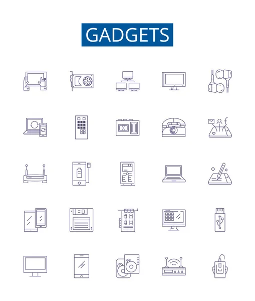 Gadgets Ligne Icônes Signes Ensemble Conception Collection Dispositifs Électronique Appareils — Image vectorielle