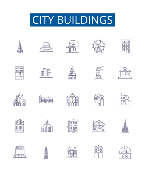 Městské Budovy Jsou Označeny Ikonami Konstrukční Kolekce Mrakodrapů Věží Komplexů — Stockový vektor