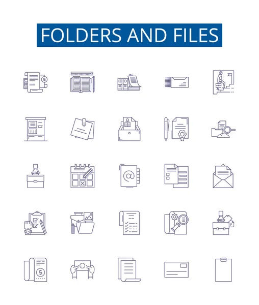 Folders Bestanden Lijn Pictogrammen Tekenen Ingesteld Ontwerp Collectie Van Mappen — Stockvector