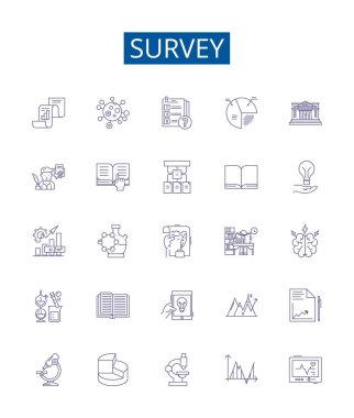 Anket çizgisi simgeleri ayarlandı. Anket, Anket, Araştırma, Değerlendirme, Veri, Çalışma, Analiz, Soruşturma ana hatları konsepti çizimleri tasarım koleksiyonu