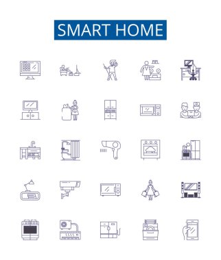 Akıllı ev satırı simgeleri ayarlandı. Akıllı, Ev, Otomasyon, Otomatik, Bağlı, IoT, Ağ, Güvenlik ana hatları vektör çizimleri koleksiyonu