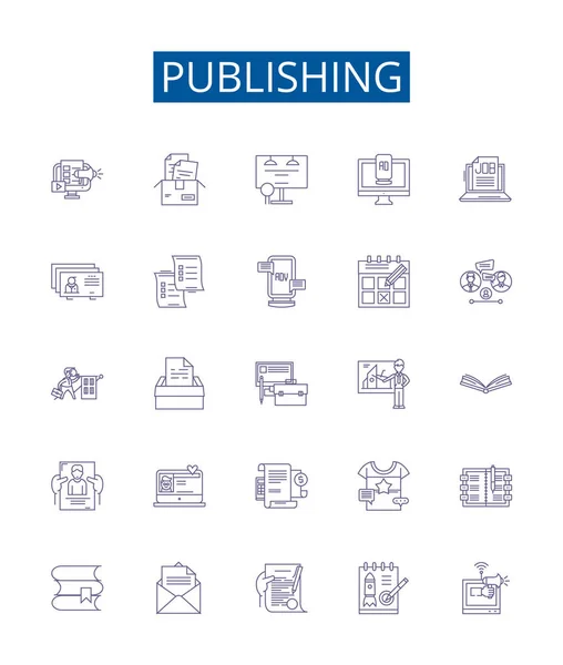 Набір Значків Лінії Публікації Колекція Дизайну Друк Розповсюдження Редагування Маркетинг — стоковий вектор