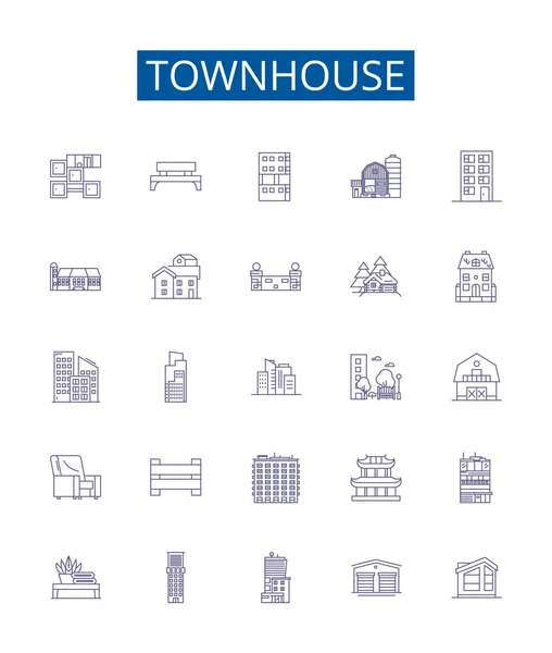 Ikony Řadových Domků Nastaveny Design Kolekce Townhome Townhouse Vesnice Vila — Stockový vektor