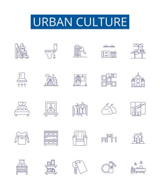 Kentsel kültür çizgisi simgeleri belirlendi. Şehir, Şehir, Nüfus, Sanat, Çeşitlilik, Müzik, Ticaret, Din ana hatları vektör çizimlerinin tasarım koleksiyonu