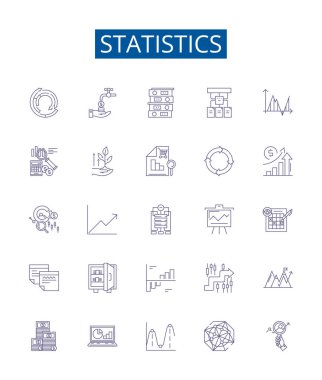 İstatistik çizgisi simgeleri ayarlandı. İstatistik, veri, analiz, örnekler, popülasyon, varyasyon, ortalama, medyan ana hatlı vektör çizimleri tasarım koleksiyonu