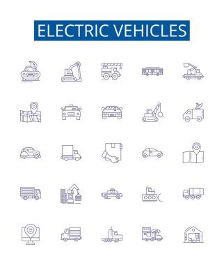 Elektrikli araçlar çizgisi simgeleri ayarlandı. Elektrik, Araçlar, EVler, Batarya, Melez, Fişe tak, Güç, Şarj Edici vektör çizimleri tasarım koleksiyonu