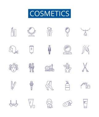 Kozmetik çizgisi simgeleri ayarlandı. Makyaj, cilt bakımı, parfüm, saç bakımı, kapatıcı, göz kalemi, ruj, vakıf konsepti çizimleri koleksiyonu