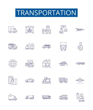 Ulaşım hattı simgeleri ayarlandı. Taşımacılık, Seyahat, Mekik, Taksi, Sürüş, Uçak, Feribot, Gemi ana hatları vektör çizimleri tasarımı