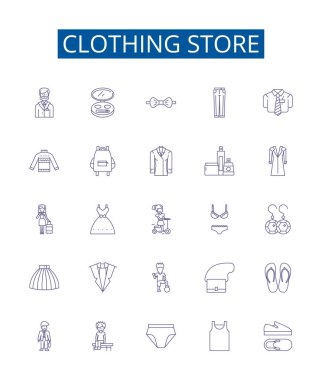 Giysi mağazası simgeleri ayarlandı. Giyim, Giyim, Giyim, Mağaza, Kıyafet, Butik, Dükkan, Retailer ana hatları vektör çizimleri tasarım koleksiyonu