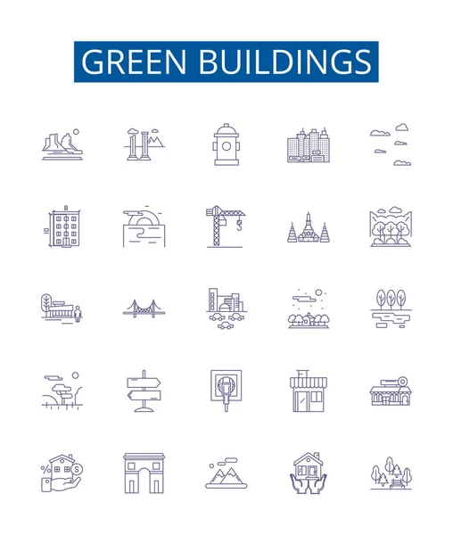 Zielone Budynki Linii Ikon Zestaw Znaków Kolekcja Projektów Ekologiczne Zrównoważone — Wektor stockowy