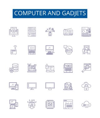 Bilgisayar ve gadjets hattı simgeleri ayarlandı. Donanım, Yazılım, Ağ, Laptoplar, Monitörler, Yazıcılar, Tarayıcılar, Yönlendiriciler, Çizim vektör çizimleri tasarımı