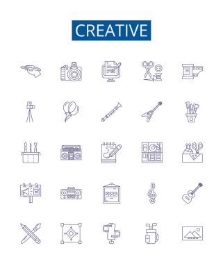 Yaratıcı çizgi simgeleri ayarlandı. Yenilikçi, Yaratıcı, Orijinal, Sanatsal, Vizyoner, Becerikli, Sezgisel, Kavramsal vektör çizimlerinin tasarım koleksiyonu