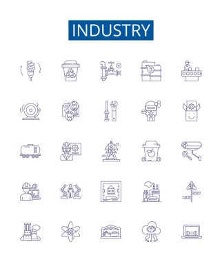 Endüstri çizgisi simgeleri ayarlandı. Üretim, Teknoloji, Üretim, İşletme, Ekipman, Otomotiv, Perakende, Hizmet ana hatları konsept çizimleri tasarımı