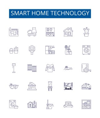 Akıllı ev teknolojisi çizgisi simgeleri ayarlandı. Smart, Home, Technology, Automation, Connected, Security, Climate, Lighting outline vektör çizimleri tasarım koleksiyonu