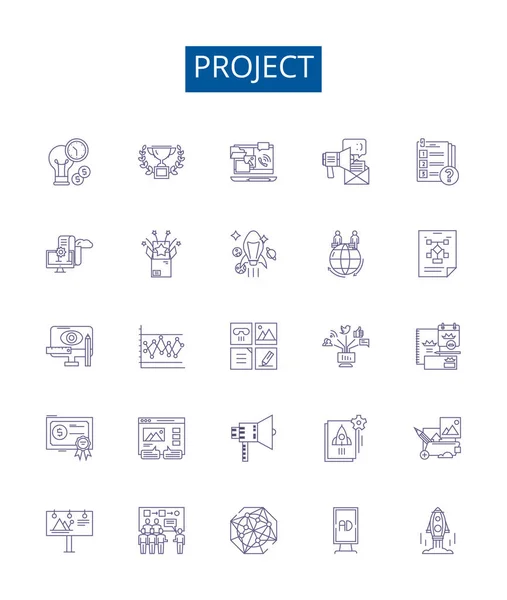 Ikony Řádku Projektu Nastaveny Design Kolekce Vývoje Plánování Řízení Stavba — Stockový vektor