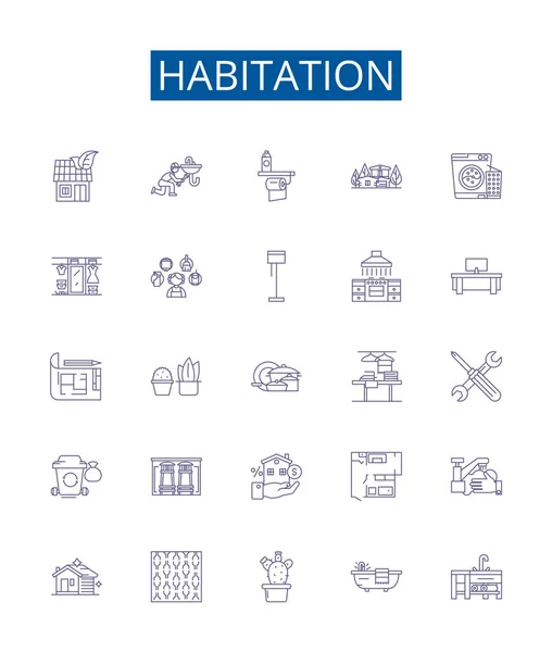 Habitation Icônes Ligne Signes Ensemble Collection Design Hébergement Résidence Habitation — Image vectorielle