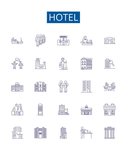 Hotel line icons signs set. Design collection of Hotel, Accommodation, Lodging, Resort, Inn, Suites, Booking, Vacation outline vector concept illustrations