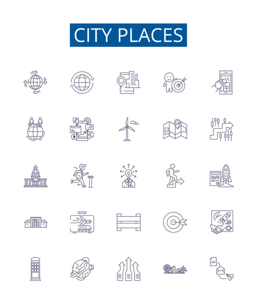 Ciudad Lugares Línea Iconos Letreros Conjunto Colección Diseño Town Metropolis — Vector de stock