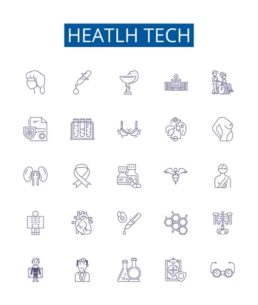 医療技術ラインのアイコンが設定されています 医療技術 医療技術 遠隔医療 デジタルヘルス Mhealth 医療技術 Aihealthアウトラインベクトルコンセプトイラストのデザインコレクション — ストックベクタ