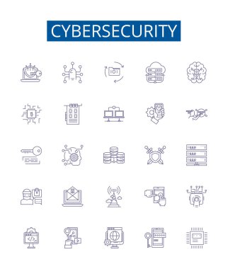 Siber güvenlik çizgisi simgeleri ayarlandı. Siber Güvenlik, Ağ, Güvenlik, Saldırı, Önleme, İzleyici, Savunmasızlık, Malware ana hatları vektör çizimleri tasarımı