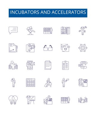 Kuluçka makineleri ve hızlandırıcılar çizgi simgeleri ayarlandı. Kuluçka araçları, Hızlandırıcılar, Girişimler, Yatırımlar, Yenilik, Danışmanlık, Geliştirme, Ağ ana hatları vektör çizimleri koleksiyonu