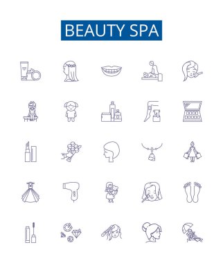 Güzellik spa çizgisi simgeleri ayarlandı. Güzellik, Kaplıca, Yüz, Masaj, Tırnak, Bakım, Manikür, Pedikür ana hatları çizim çizimleri tasarımı
