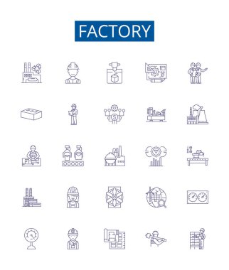 Fabrika çizgisi simgeleri ayarlandı. Fabrika, Üretim, Endüstriyel, Fabrika, Atölye, Değirmen, Üretim, Assembly ana hatları konsept çizimleri tasarımı