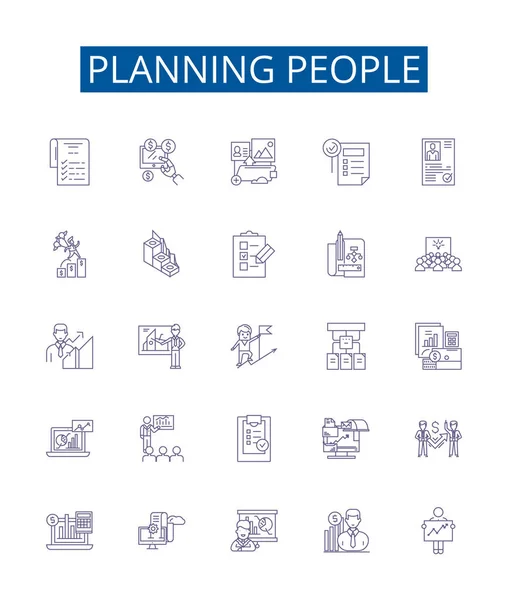 Planende Menschen Reihen Symbole Aneinander Designsammlung Von Scheduling Organizing Planning — Stockvektor